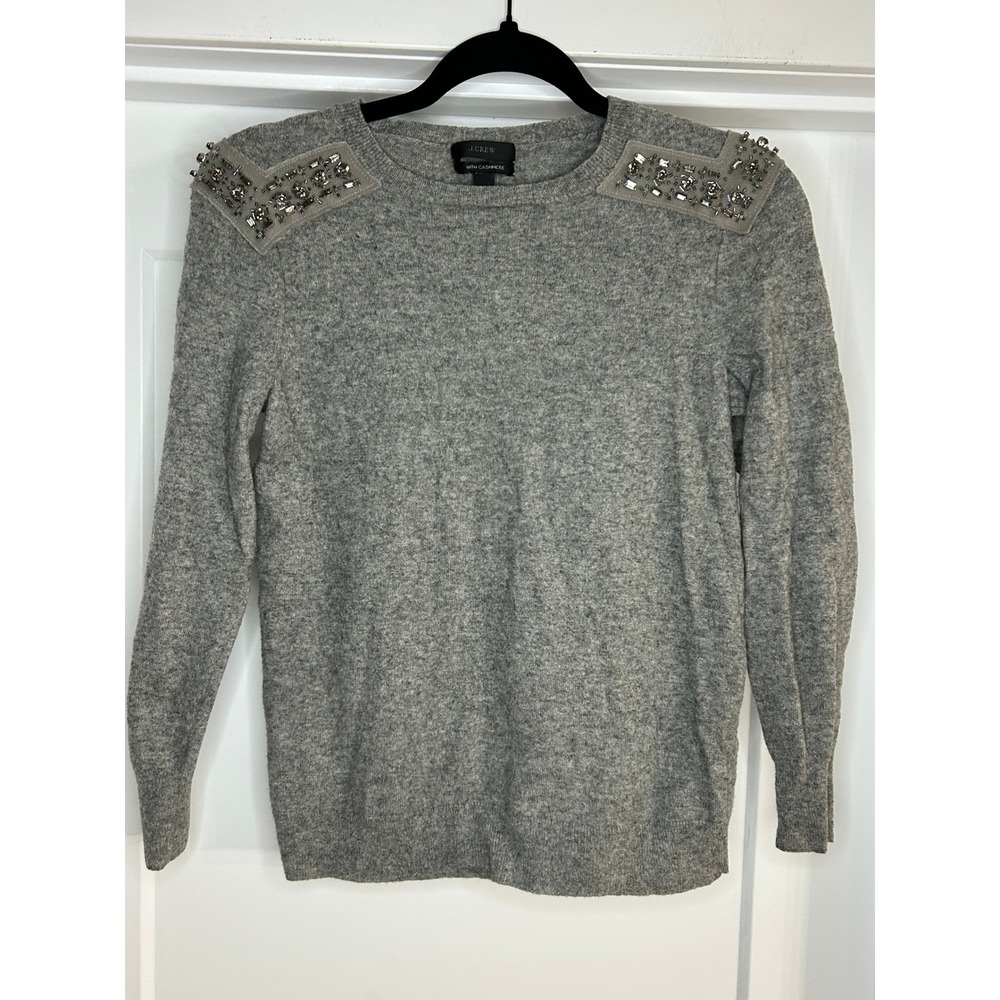 J Crew Womens XS Gray Cashmere Blend Embellished Shoulder Crewneck Sweater